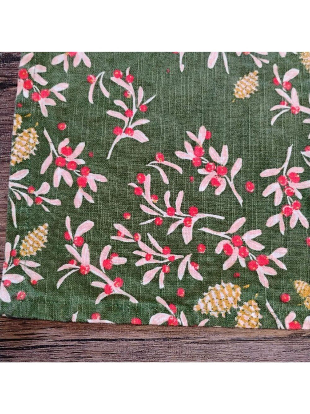 Threshold Holiday Green Cotton Kitchen Tea Towel, Red Berry Pinecone Print 27x18 - Picture 2 of 8